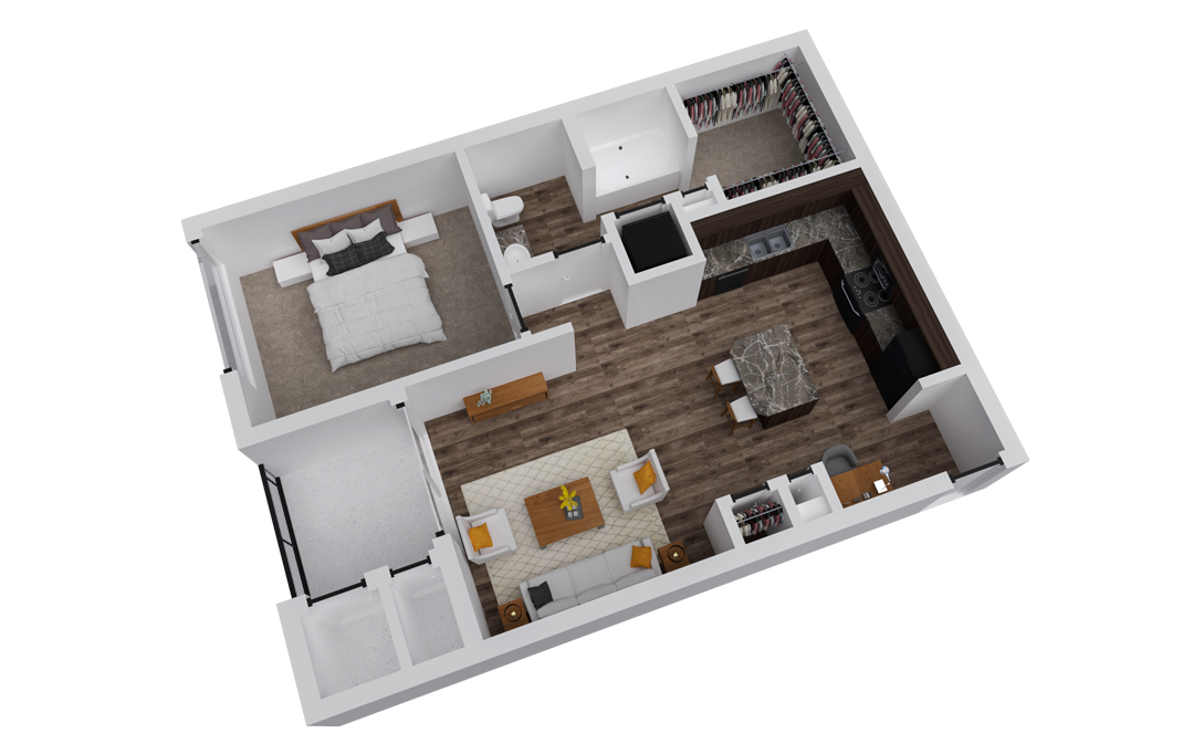 Floor plan of a modern apartment with bedroom, living room, kitchen, and bathroom.