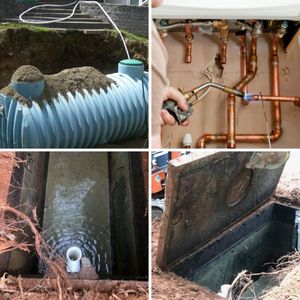 A collage of pictures showing various types of plumbing