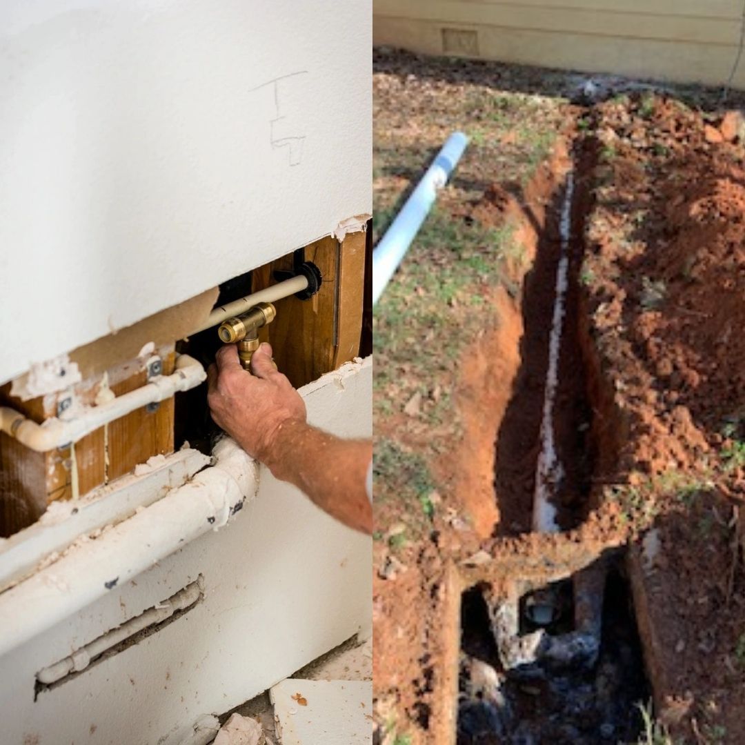 A picture of a person fixing a pipe next to a picture of a hole in the ground