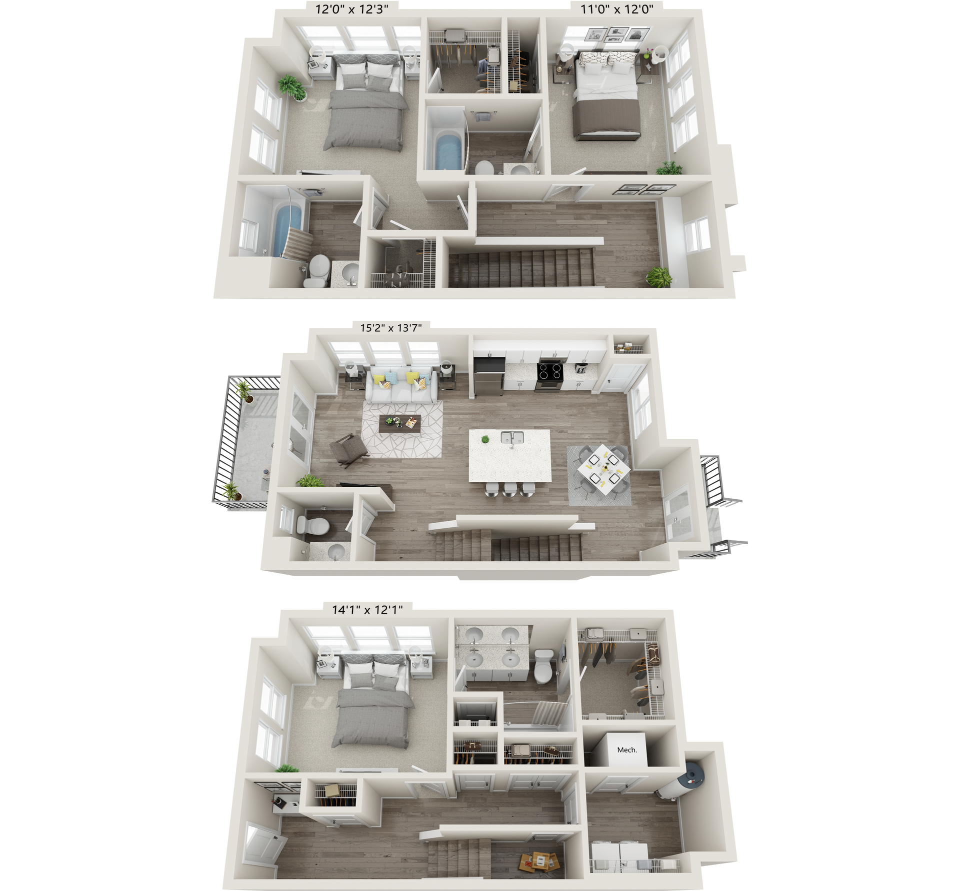 A 3D floor plan of a three-bedroom apartment with a central living area, kitchen with island, and two bathrooms.