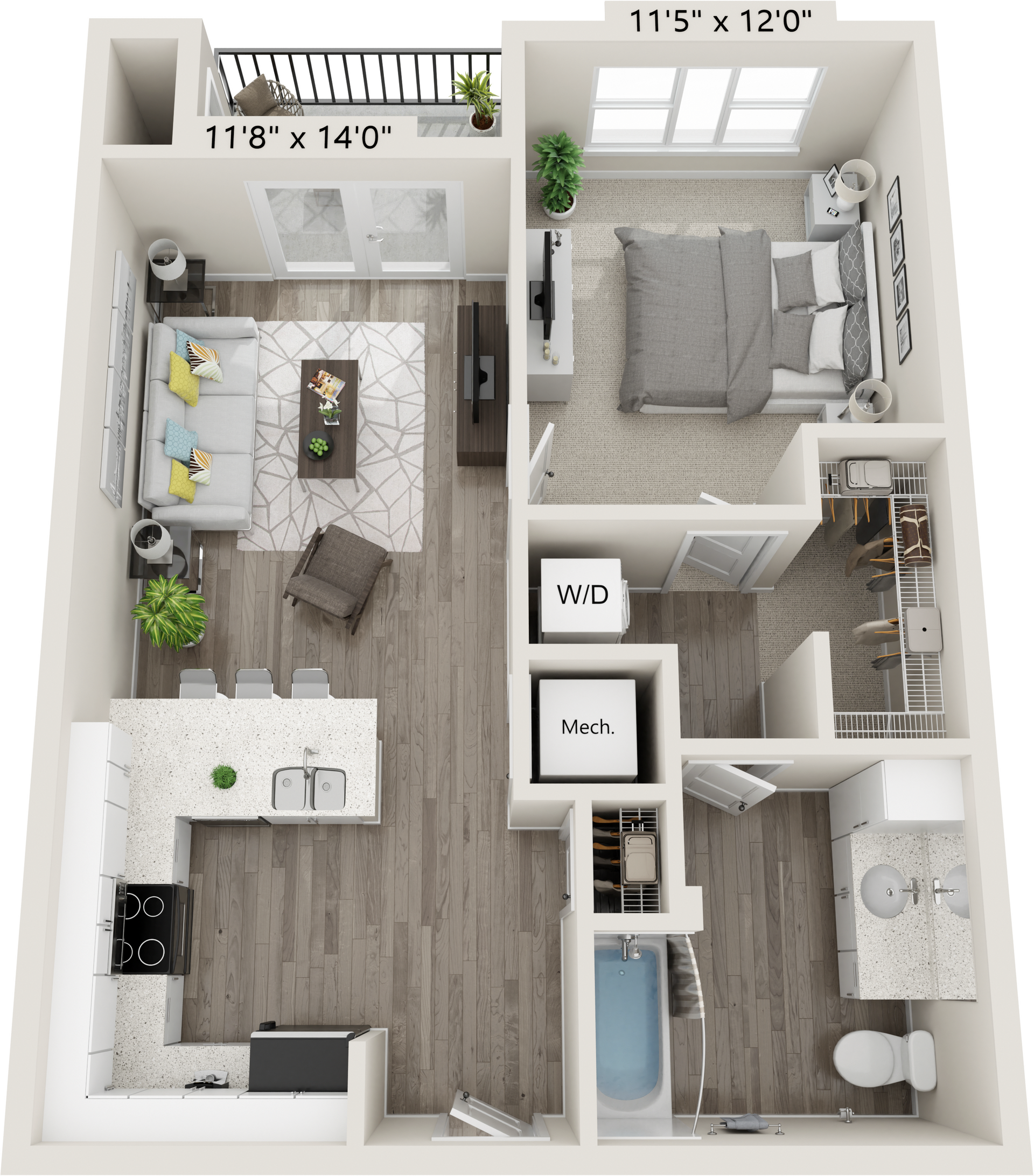 A 3D floor plan of a one-bedroom apartment with a balcony, open-concept kitchen, living area, and full bathroom.
