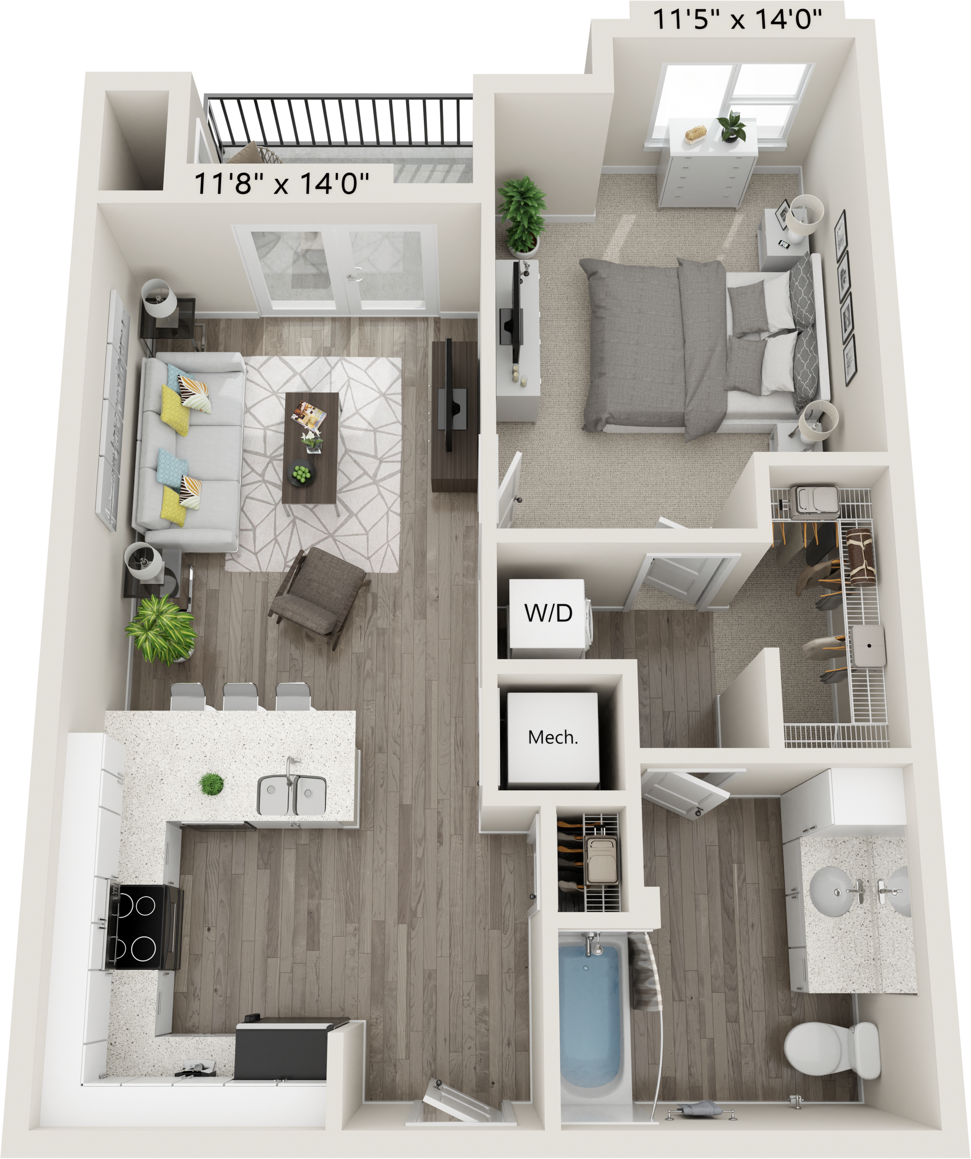 3D floor plan of a one-bedroom apartment with an open kitchen, living area, walk-in closet, bathroom, and balcony.