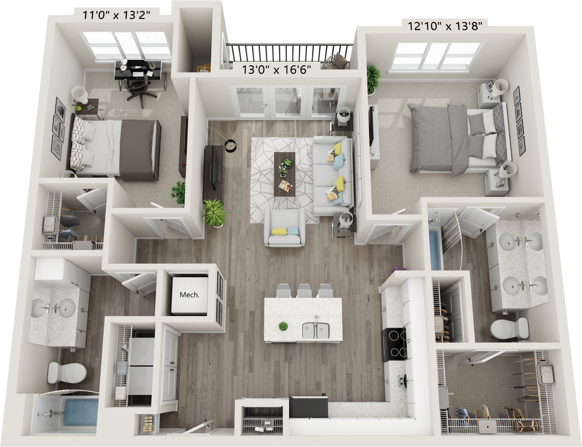 A 3D floor plan of a two-bedroom apartment with a kitchen, living area, balcony, and two bathrooms.