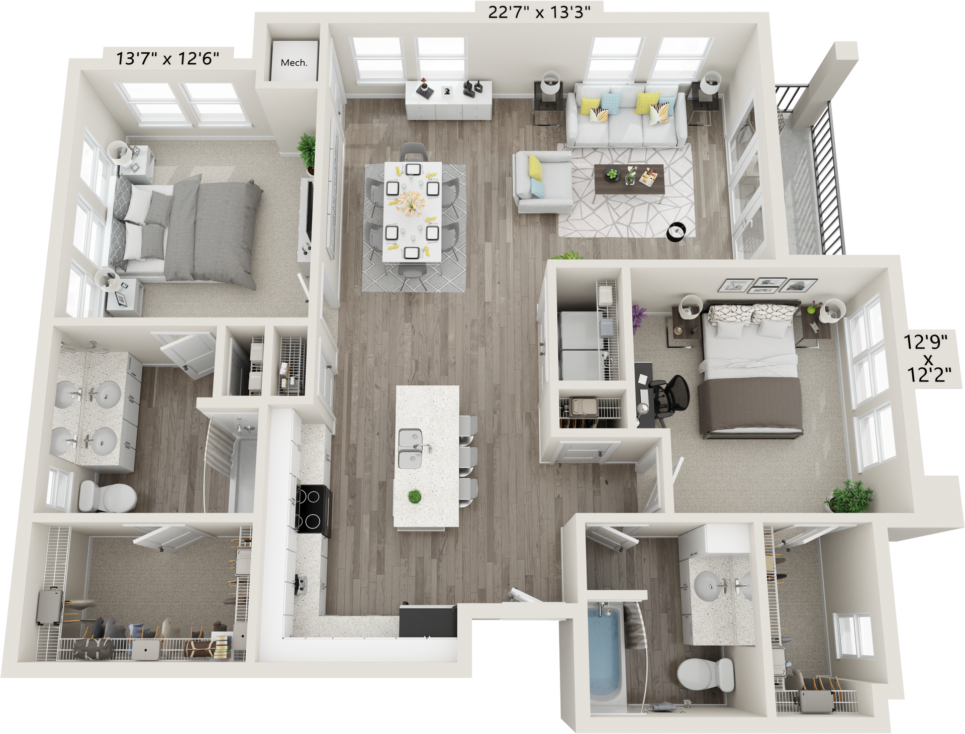 A 3D floor plan of a two-bedroom, two-bathroom apartment with an open living, dining, and kitchen area and a balcony.