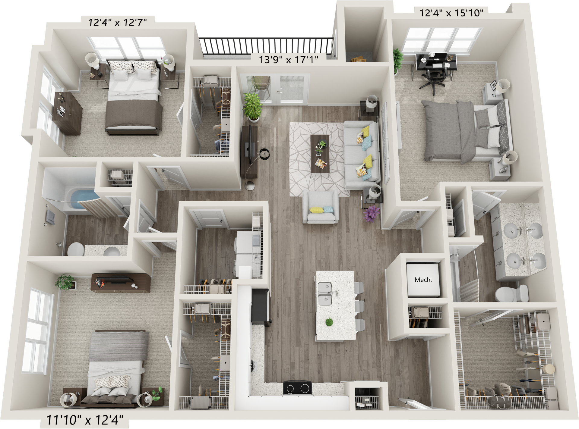 A 3D floor plan of a three-bedroom apartment with a central living area, kitchen with island, and two bathrooms.