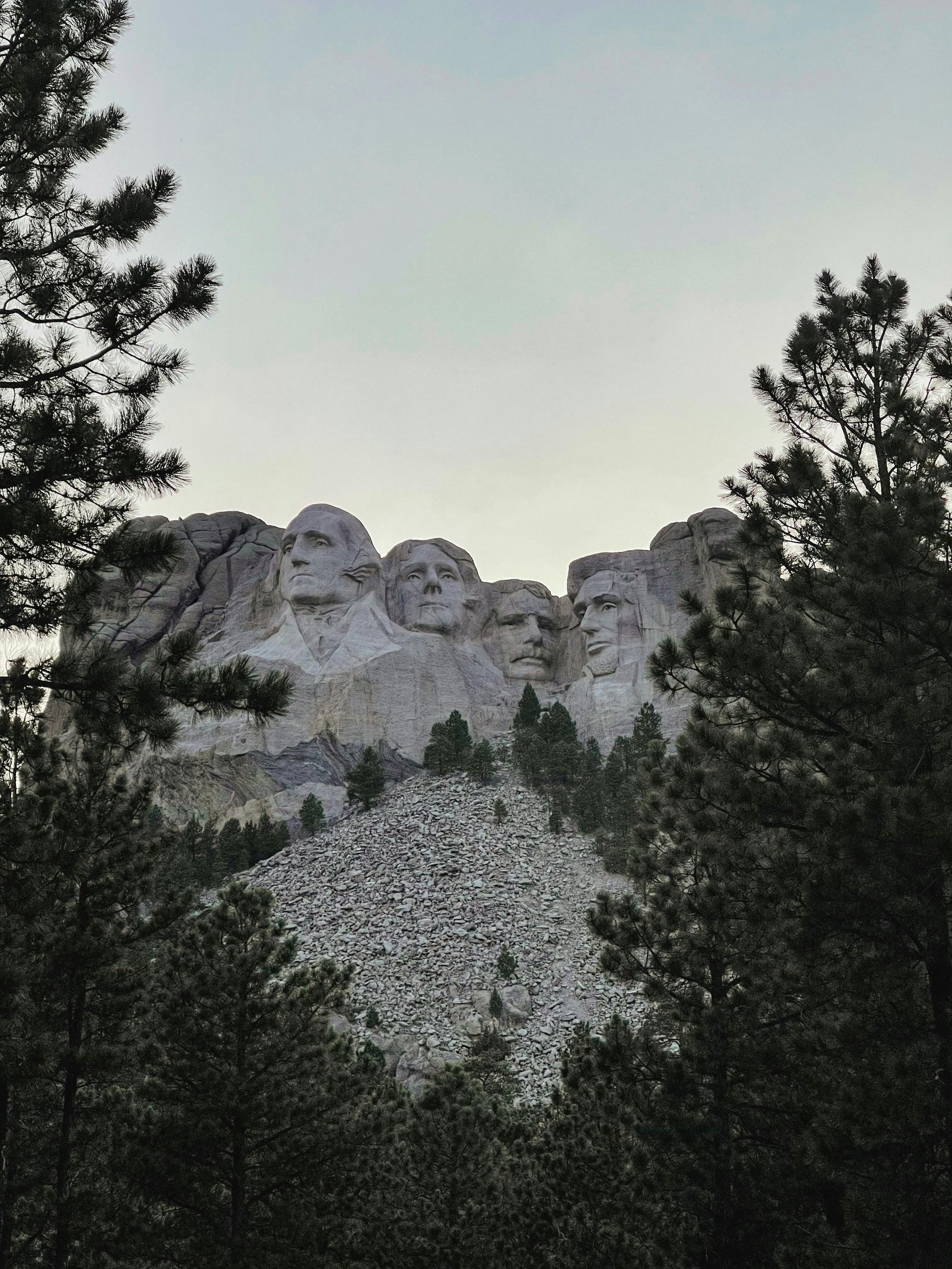 Mt Rushmore is surrounded by trees.