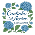 Logo for Cantinho dos Açores Restaurant, blue floral wreath surrounding text.