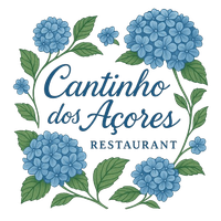 Logo for Cantinho dos Açores Restaurant, blue floral wreath surrounding text.