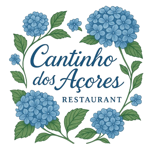 Logo for Cantinho dos Açores Restaurant, blue floral wreath surrounding text.