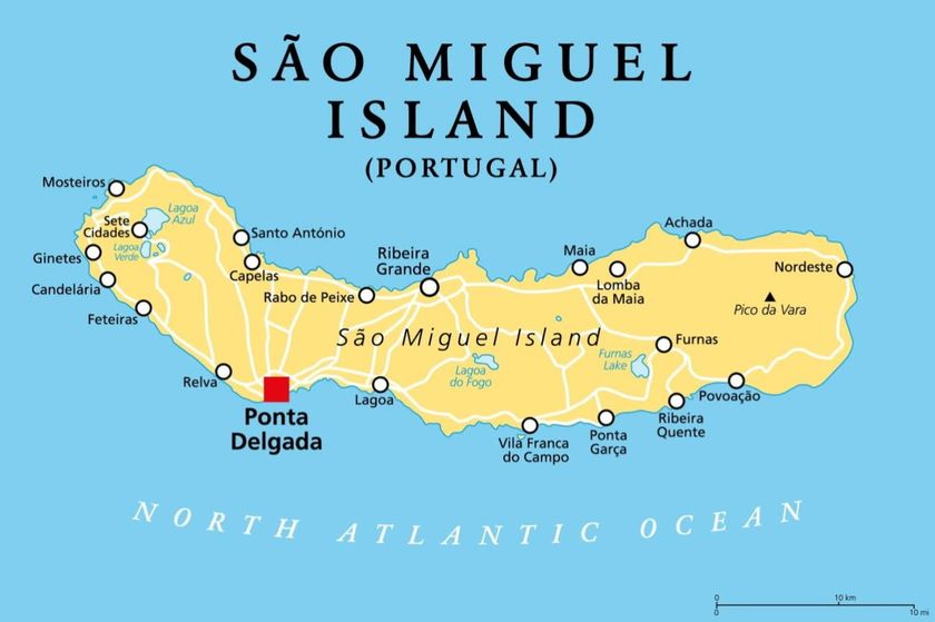 Map of São Miguel Island (Portugal), showing towns, lakes, and the location of Ponta Delgada.