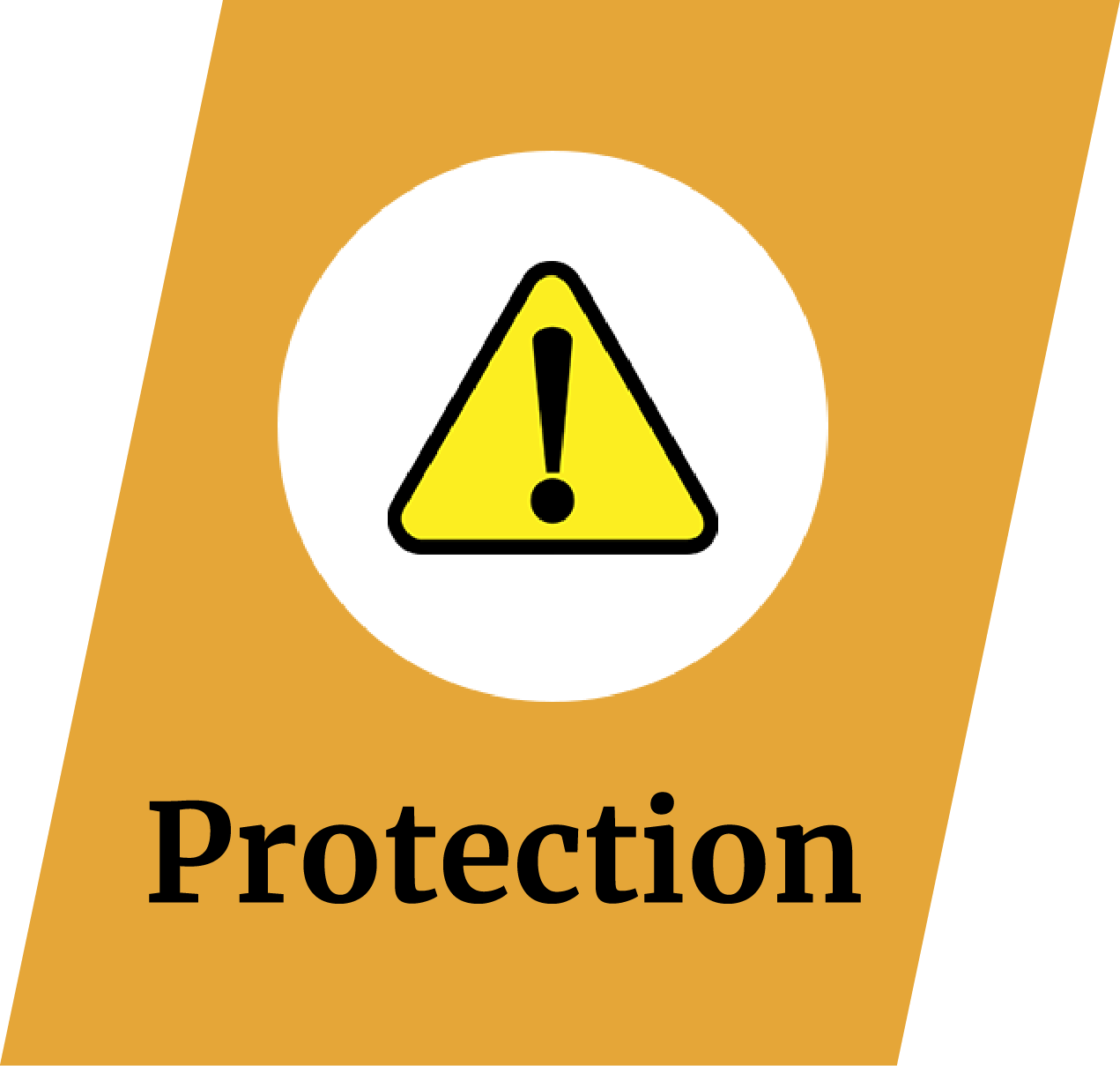 A yellow triangle with an exclamation point inside of it and the word protection below it.