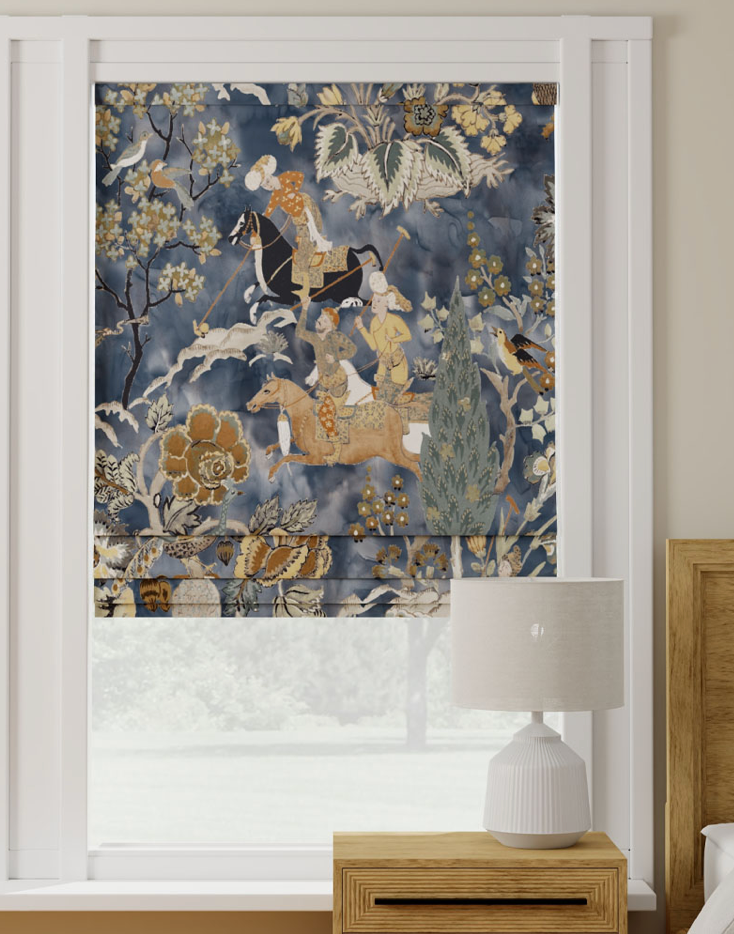 A bedroom with a window with a painting on it and a lamp.