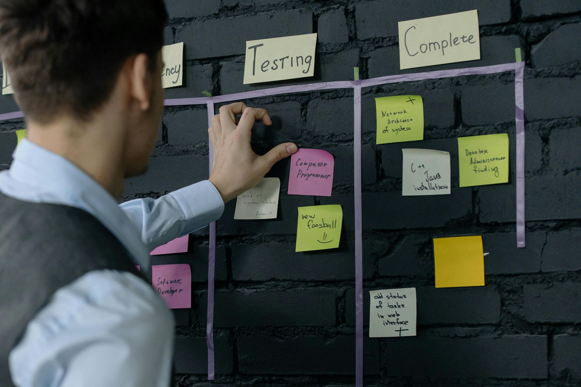 A man is writing on a board with sticky notes that says testing