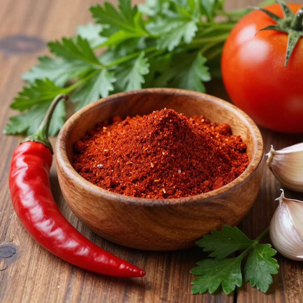 Wooden bowl of red chili spice with fresh chili, garlic, parsley, and tomato on a rustic table