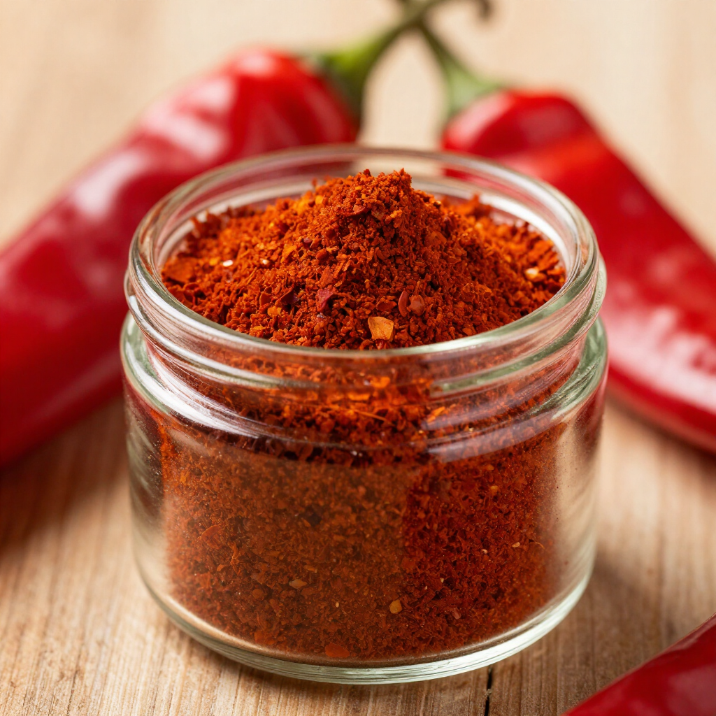 Glass jar of red chili powder on a wooden surface, with whole red peppers blurred in the background