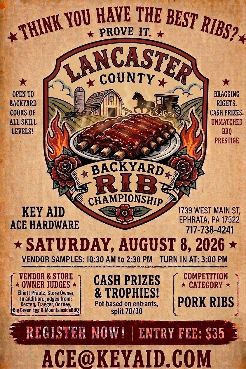 Lancaster County Backyard BBQ Championship poster with pig, fire, and event details on tan background