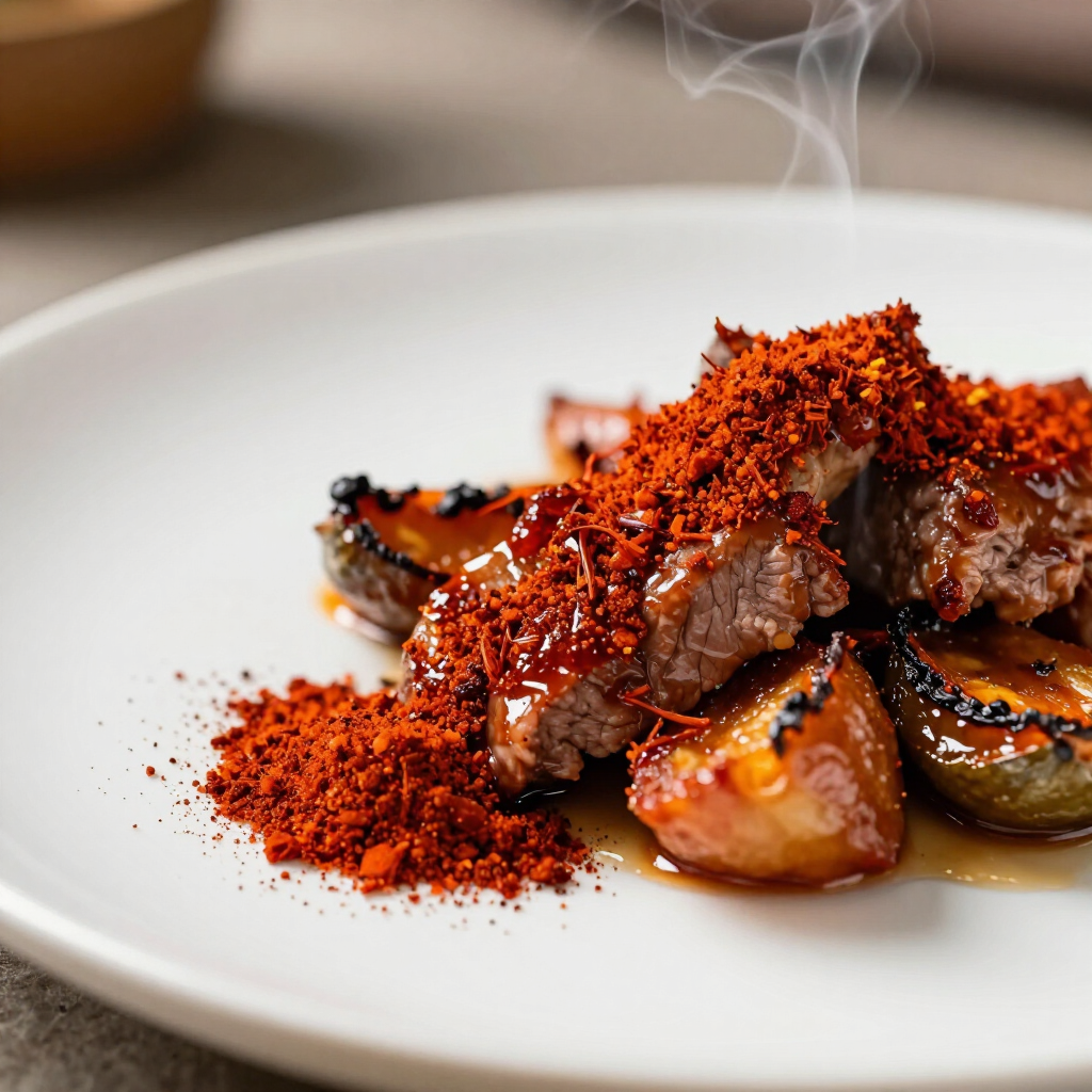Seared steak with red spice on a white plate, garnished with roasted vegetables and steam rising