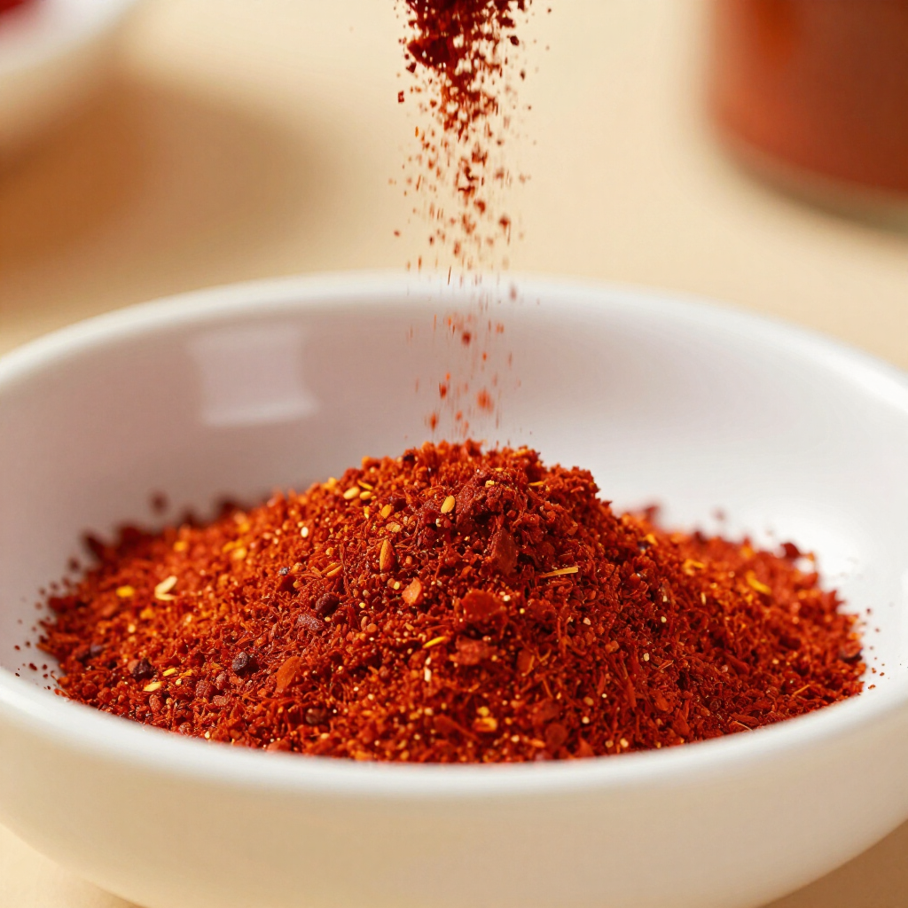 Red chili powder being poured into a white bowl, with a small mound of spice.