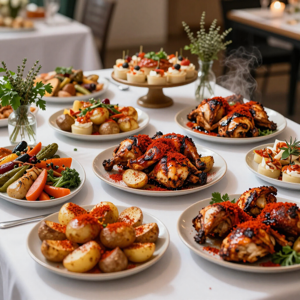 Buffet table with roasted chicken, potatoes, vegetables, and appetizers on white plates