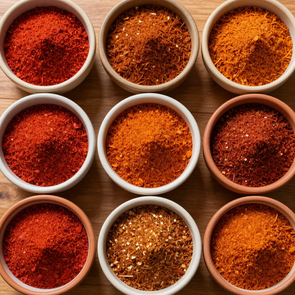 Nine white bowls filled with colorful ground spices in warm red, orange, and brown tones