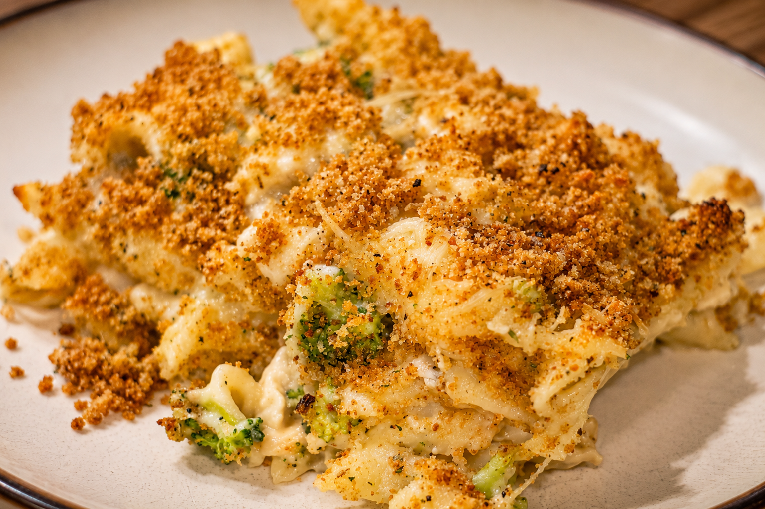 Creamy dressing being poured over a salad with broccoli, chicken, and croutons