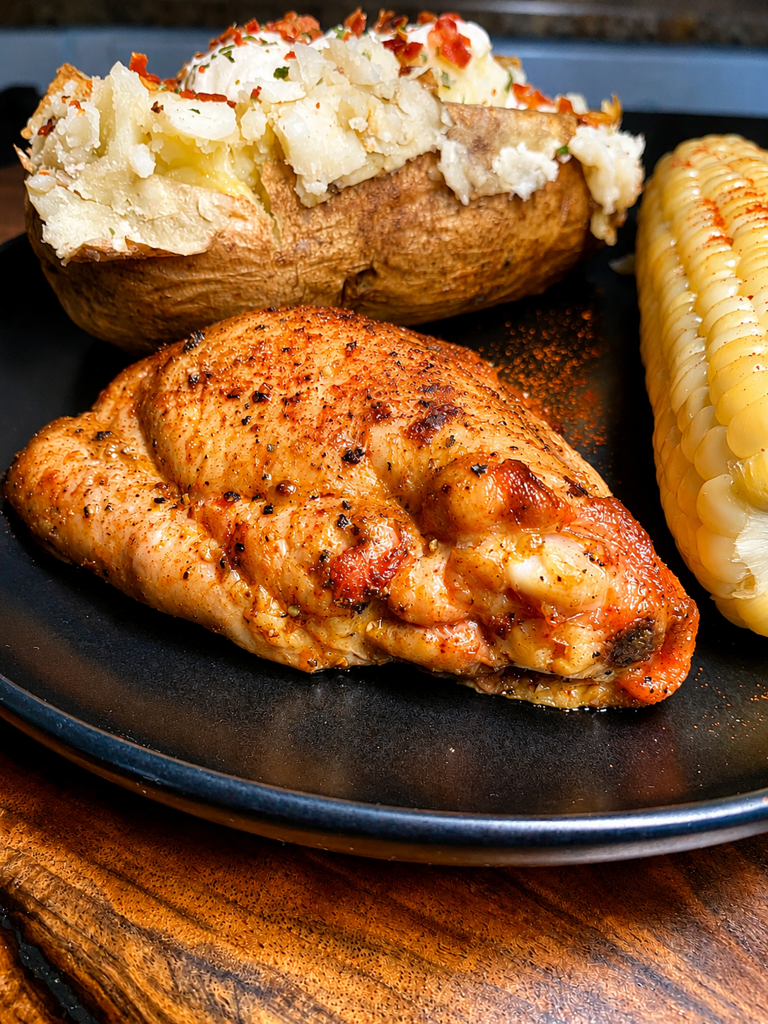 Grilled chicken breast, baked potato with sour cream, and corn on a black plate on a wooden table