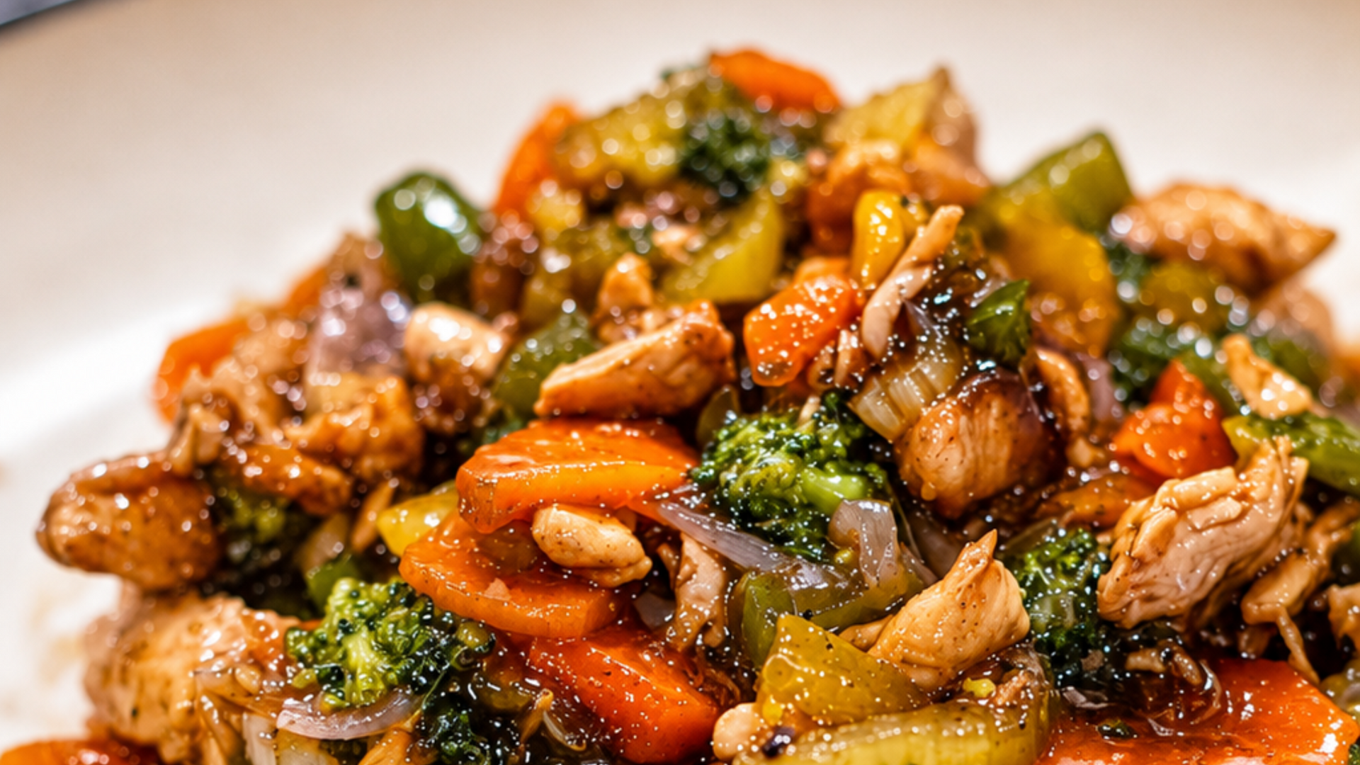 Stir-fried chicken and vegetables in glossy brown sauce on a white plate