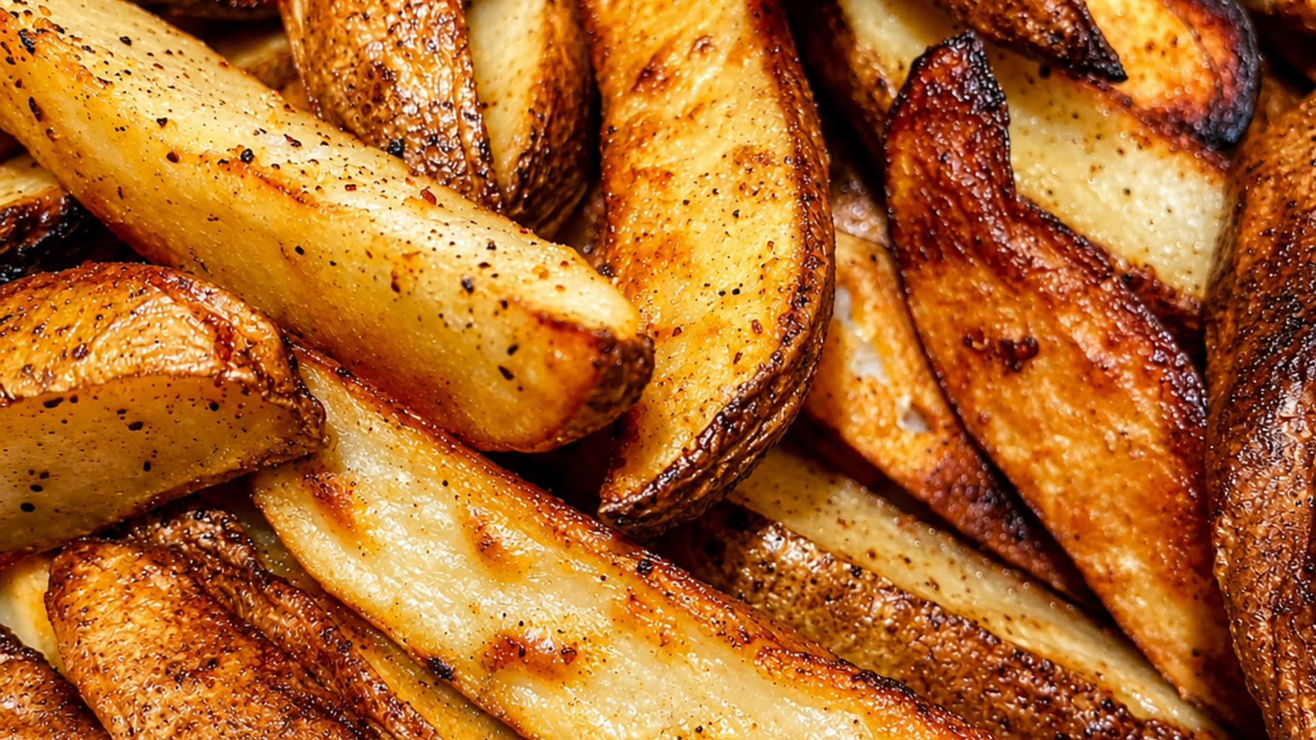 Close-up of golden-brown potato wedges, some slightly charred, in a bowl.