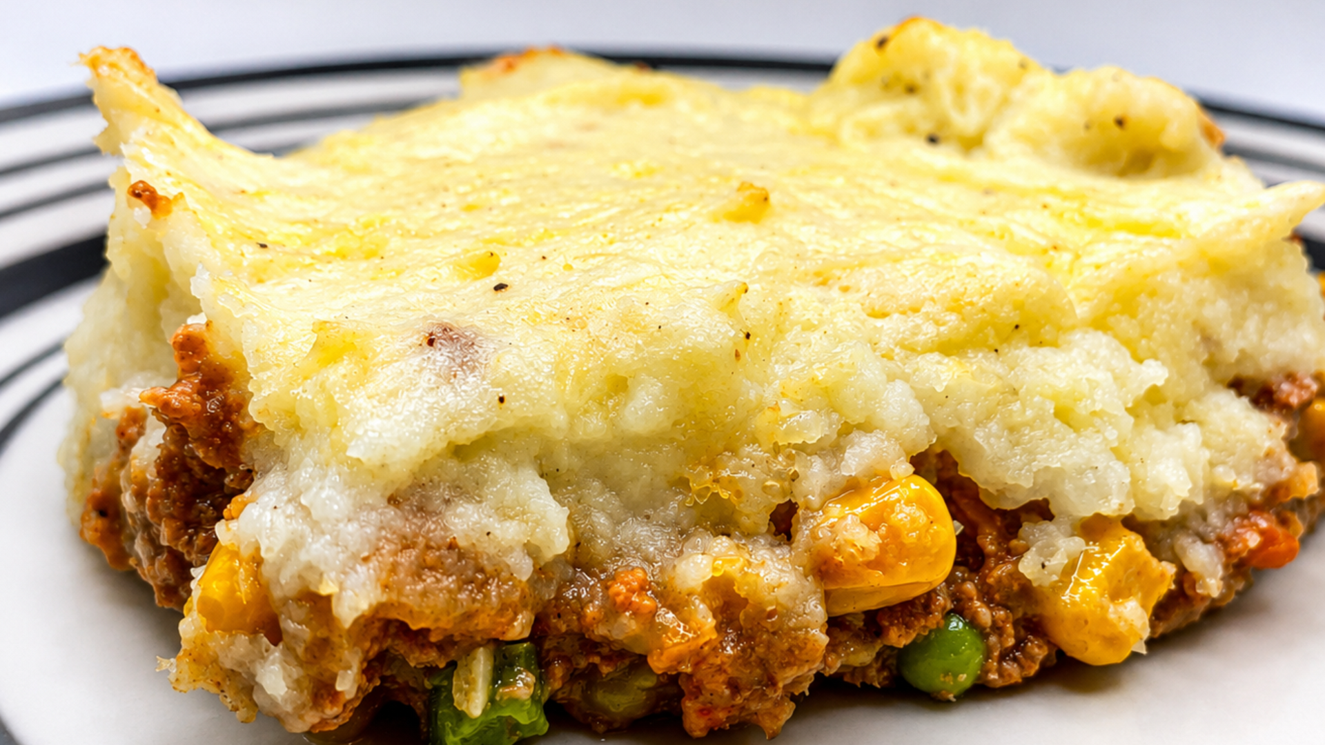 Shepherd's pie on a plate, featuring a layer of mashed potatoes over a meat and vegetable filling.