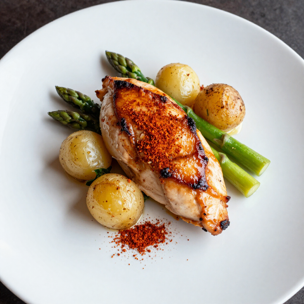 Pan-seared chicken breast with asparagus and potatoes on a white plate, garnished with spices