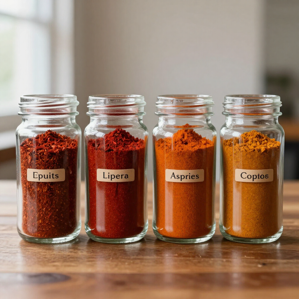 Four glass spice jars with colorful powdered spices on a wooden table, each labeled with a different name.