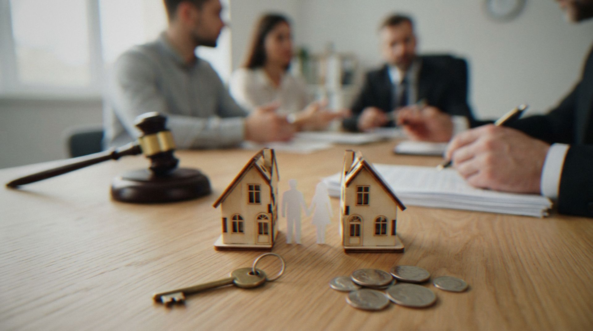 A legal professional meeting with a couple regarding a property division. A legal professional meeting with a couple regarding a property division.