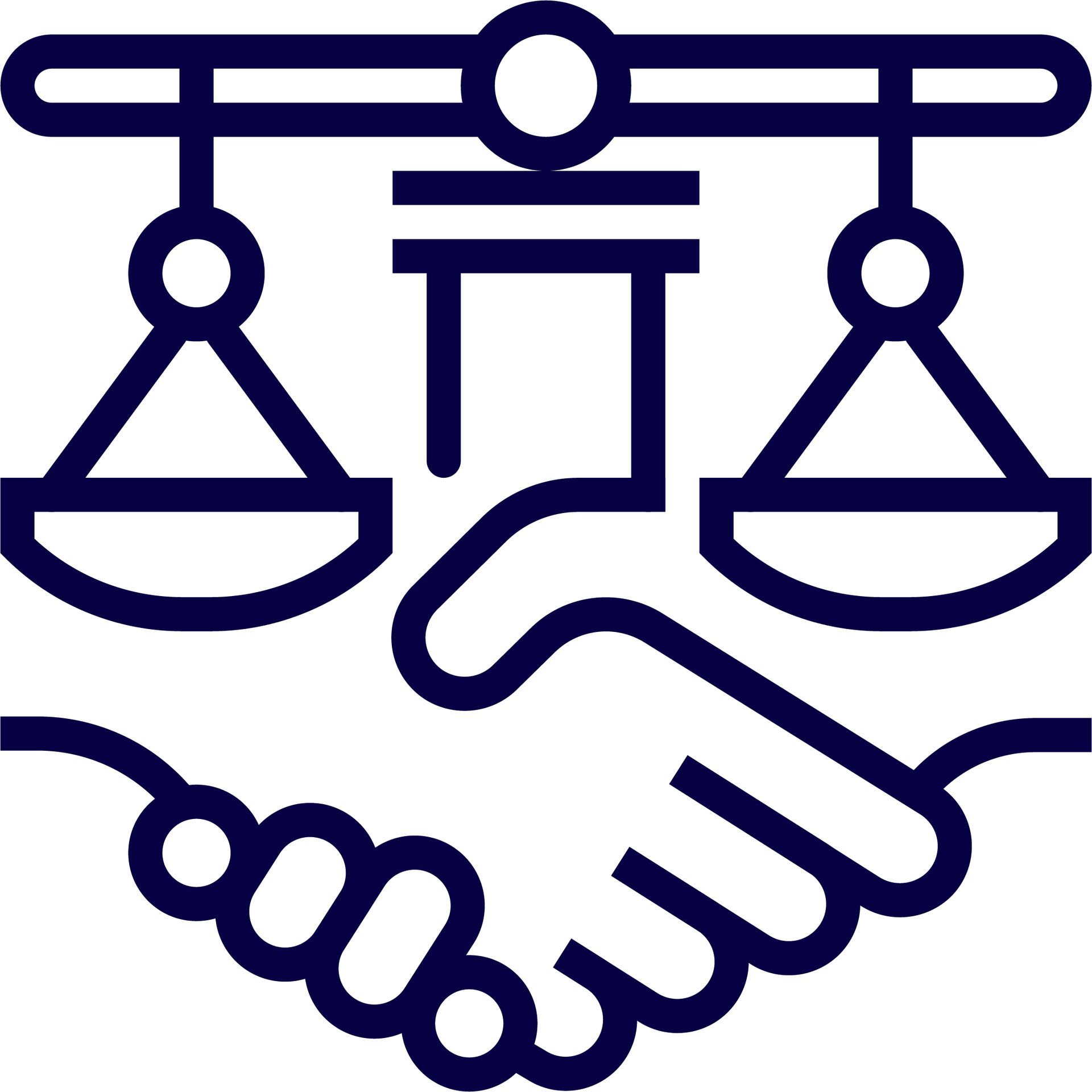 A handshake with scales of justice in the background.