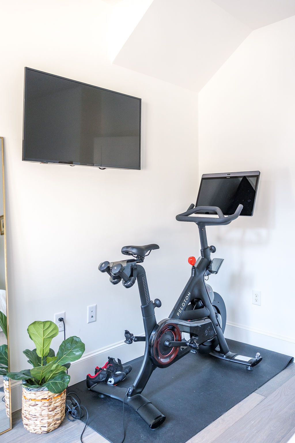 A peloton bike is sitting on a mat in a room next to a television.