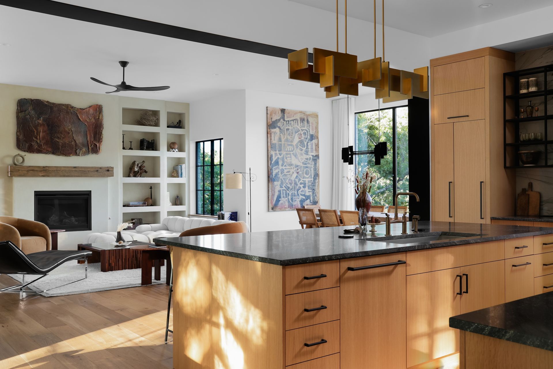 A kitchen with a large island in the middle of it