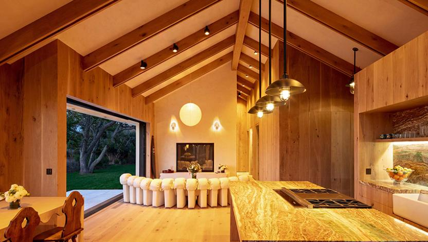 Modern living room and kitchen featuring light wood walls, vaulted ceilings, hanging pendant lights, and patio access.