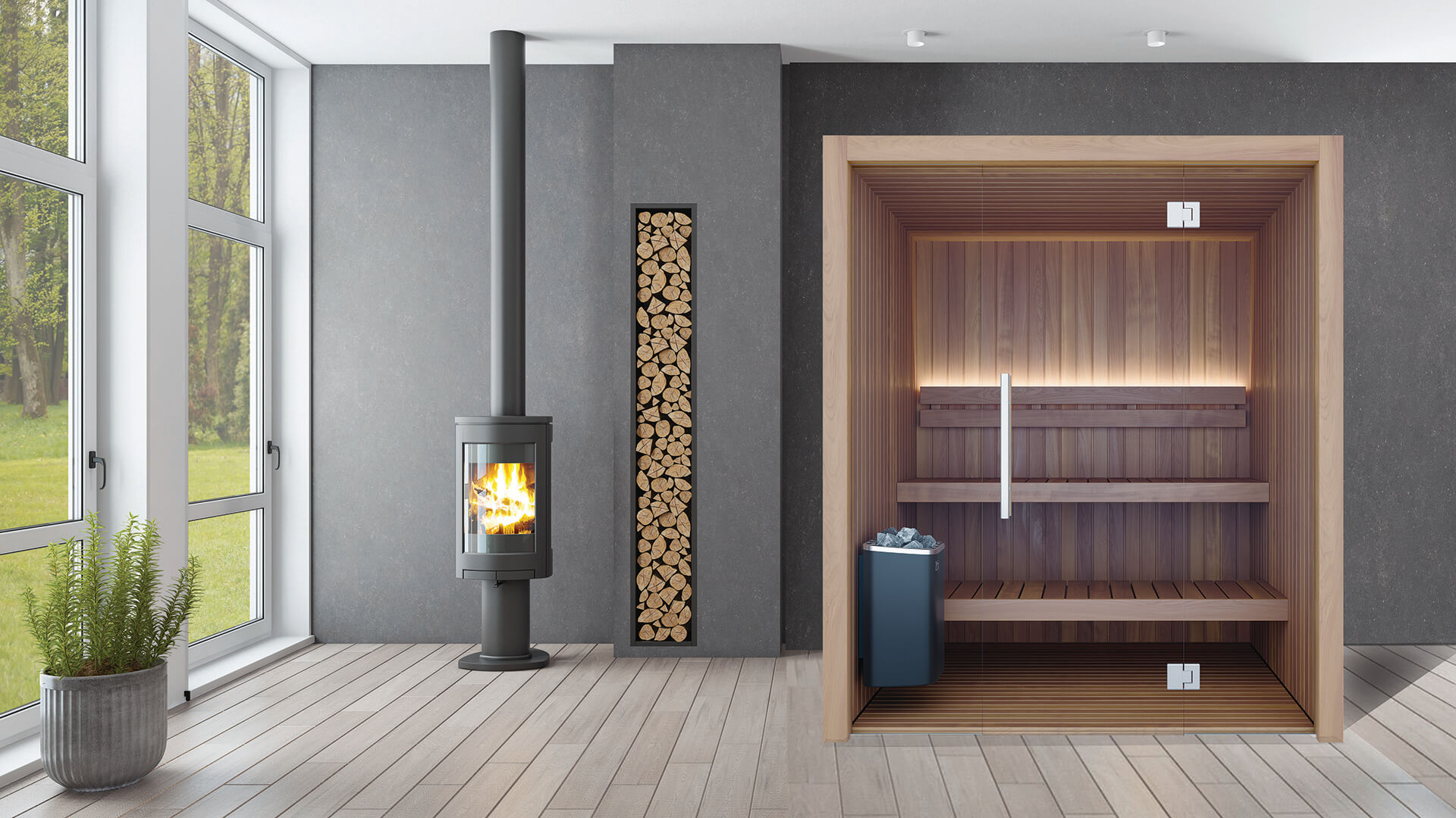 Rolled towel with bath bomb, candle, and bowl of salt on wooden surface.