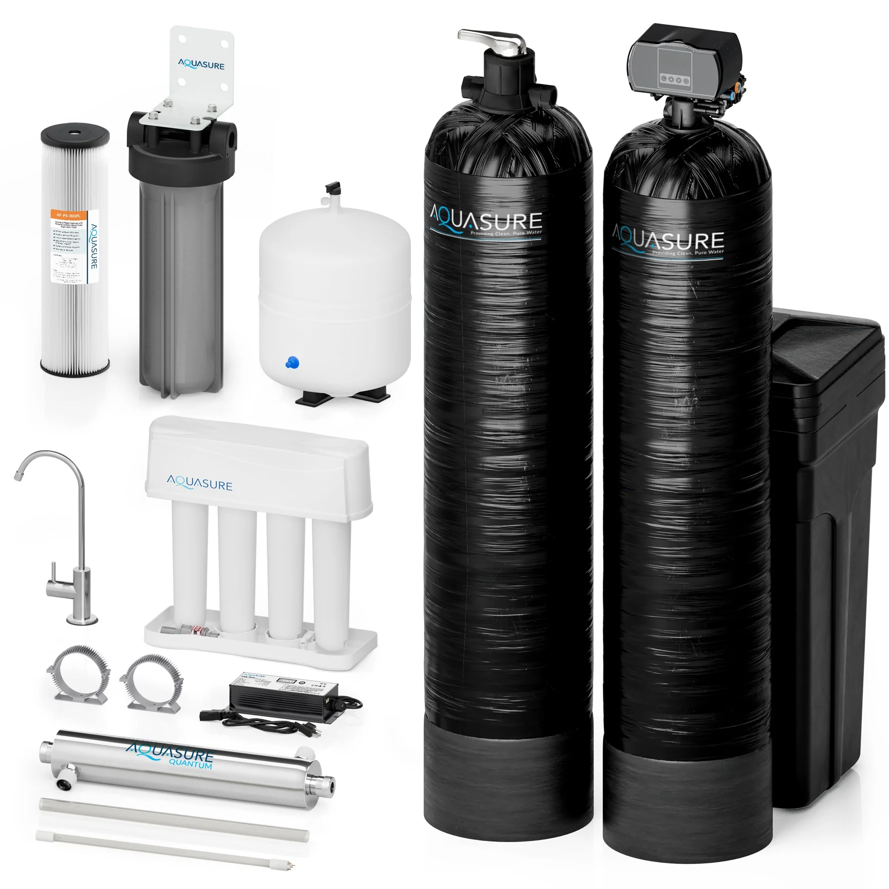 A complete Aquasure home water filtration and softening system, including two large tanks, filters, a faucet, and hardware.