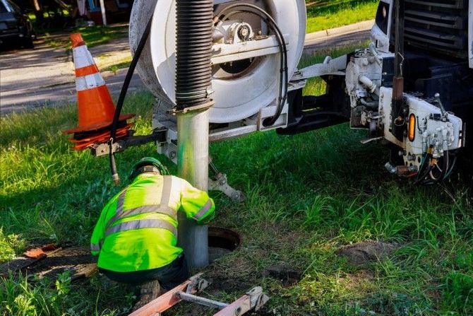 Worker in neon vest near street, working on a sewer system with a truck and cone.
