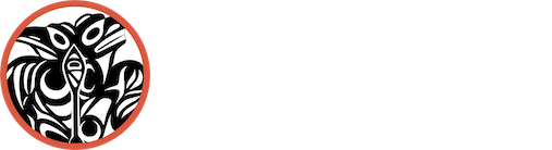 Black-and-white abstract circular logo with a red border and orange accent on a white background