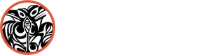 Black-and-white abstract circular logo with a red border and orange accent on a white background