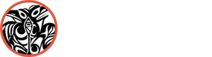 Black-and-white abstract circular logo with a red border and orange accent on a white background