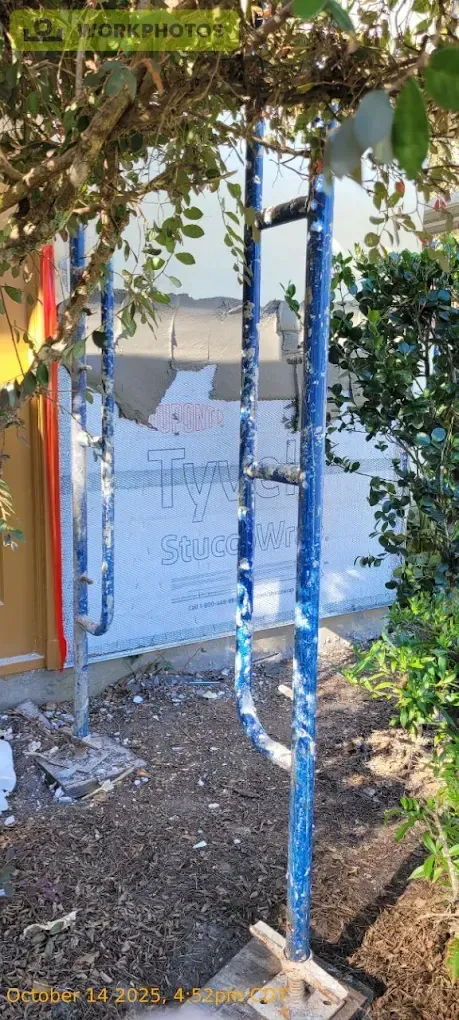 Blue scaffolding next to building under construction, plants in background.