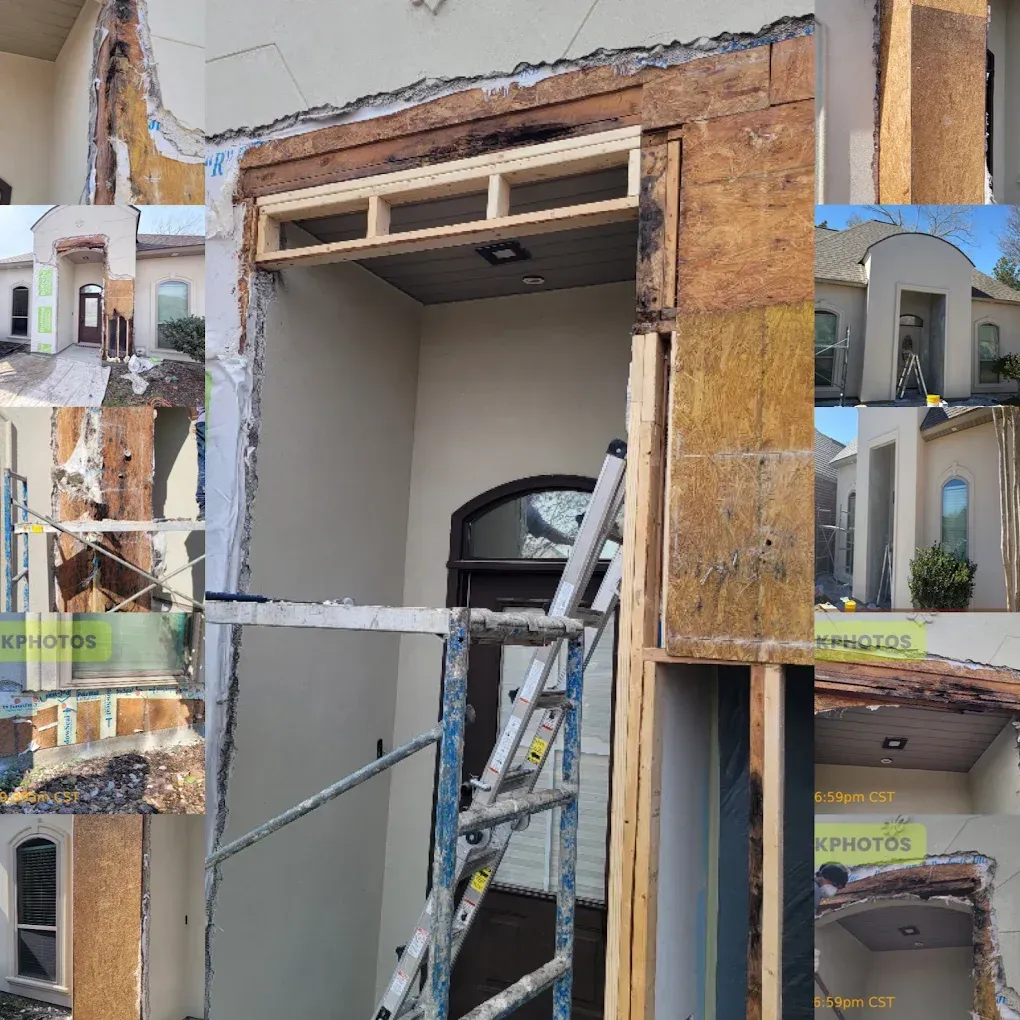 Exterior door frame during renovation; ladder inside the entryway. Brown and tan wood.
