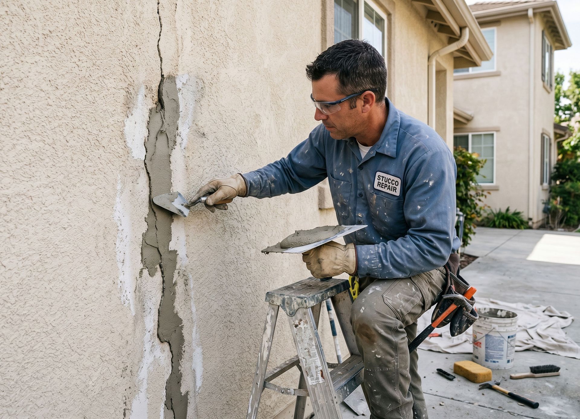Worker doing stucco crack repair