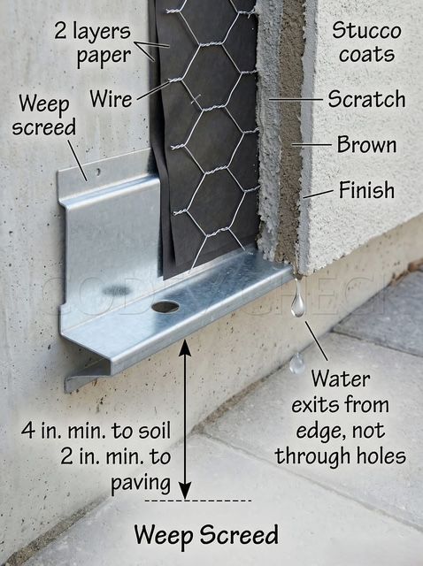 Diagram of a stucco wall installation showing a weep screed, moisture barrier, wire mesh, and cleara
