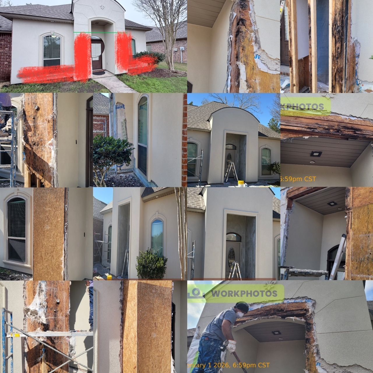 Collage showing house exterior with stucco damage and repair work.