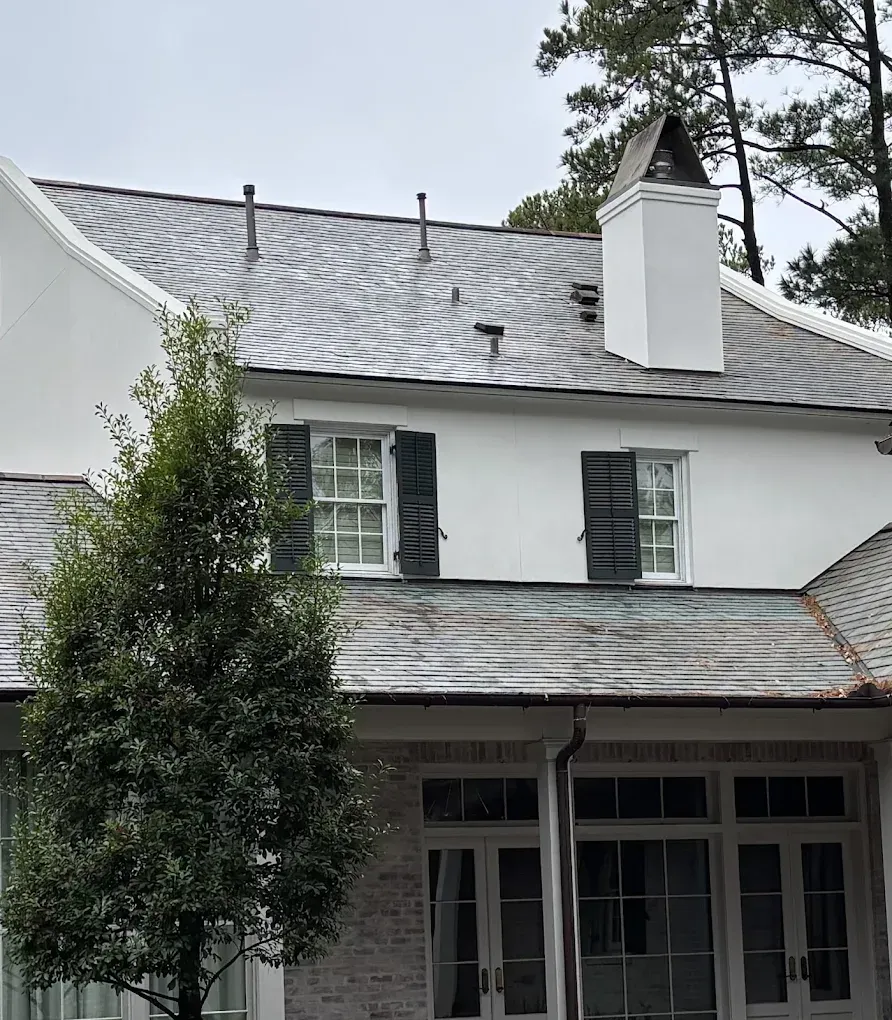 White house with dark roof and shutters, chimney. Tree in foreground.