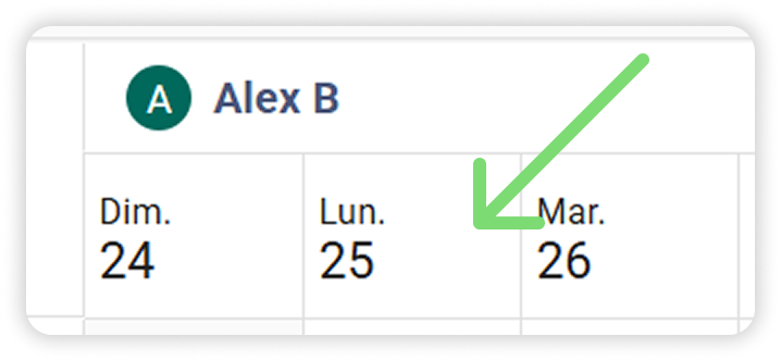 Une entrée de calendrier pour Alex B. Le 26 mars est surligné par une coche verte.