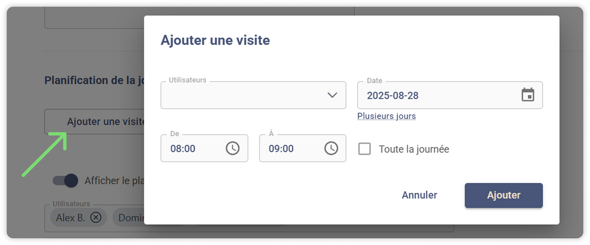 Fenêtre contextuelle pour ajouter une visite. Affiche les options de réglage de la date et de l'heure, ainsi qu'un bouton pour ajouter.